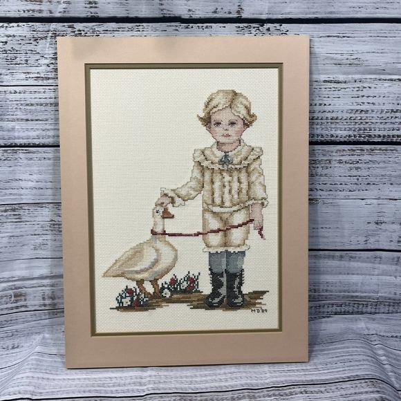 Vintage Finished Cross Stitch English Victorian Boy w/ Duck 1989 16x12" Nursery - Picture 2 of 16
